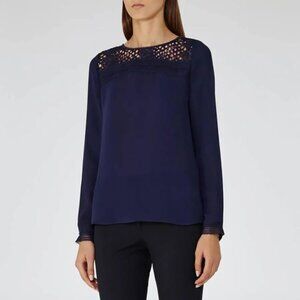 Reiss Navy Blue Tilly Long Sleeve Round Neck Lace Top size 8